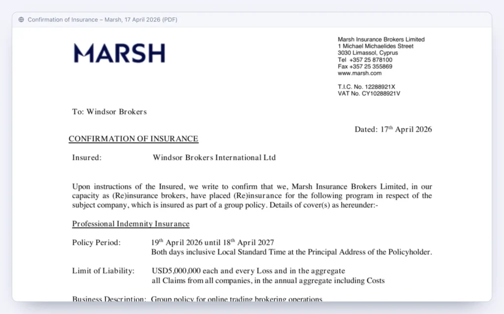 نامه Marsh درباره بیمه مسئولیت حرفهای Windsor Brokers International Ltd با سقف ۵ میلیون دلار برای کل گروه