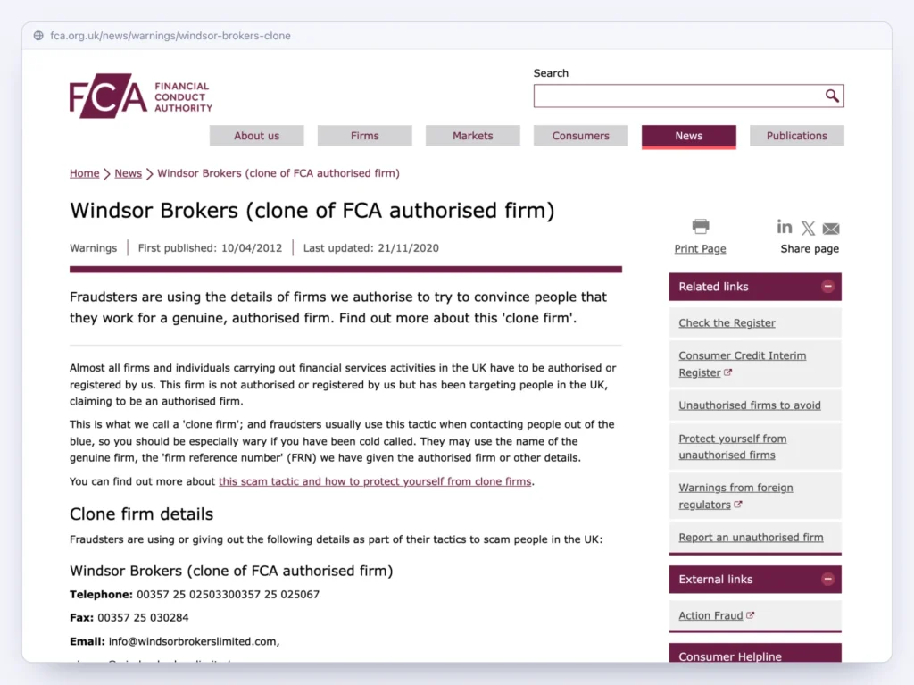 صفحه هشدار FCA بریتانیا درباره سایت جعلی که خود را Windsor Brokers معرفی میکرد